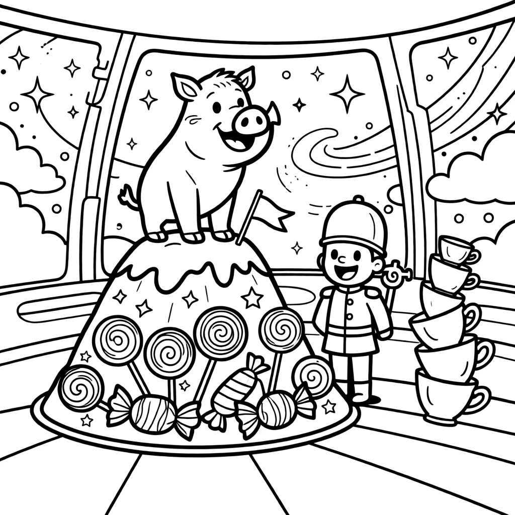 A gentle-hearted warthog treasure guard is planting flags on top of a candy mountain summit on a spaceship deck looking out at swirling nebulae, joined by a wind-up toy soldier standing at attention and a wobbly tower of stacked teacups. The whole gang can't stop smiling.