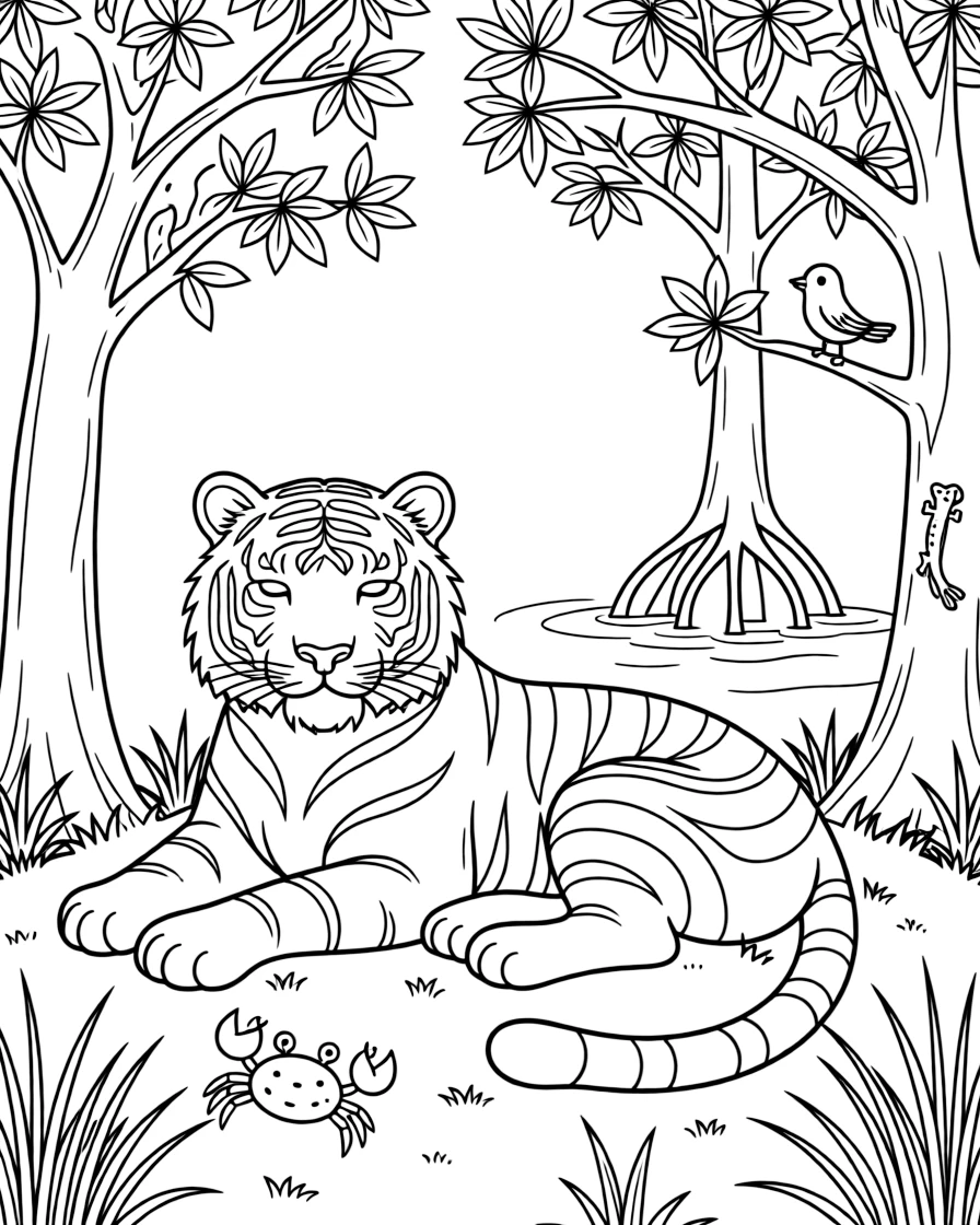 A coloring page spotlighting a Bengal tiger resting among the mangrove trees of the Sundarbans in Bangladesh, framed by leafy branches, tall grass, and a few playful smaller creatures nearby.