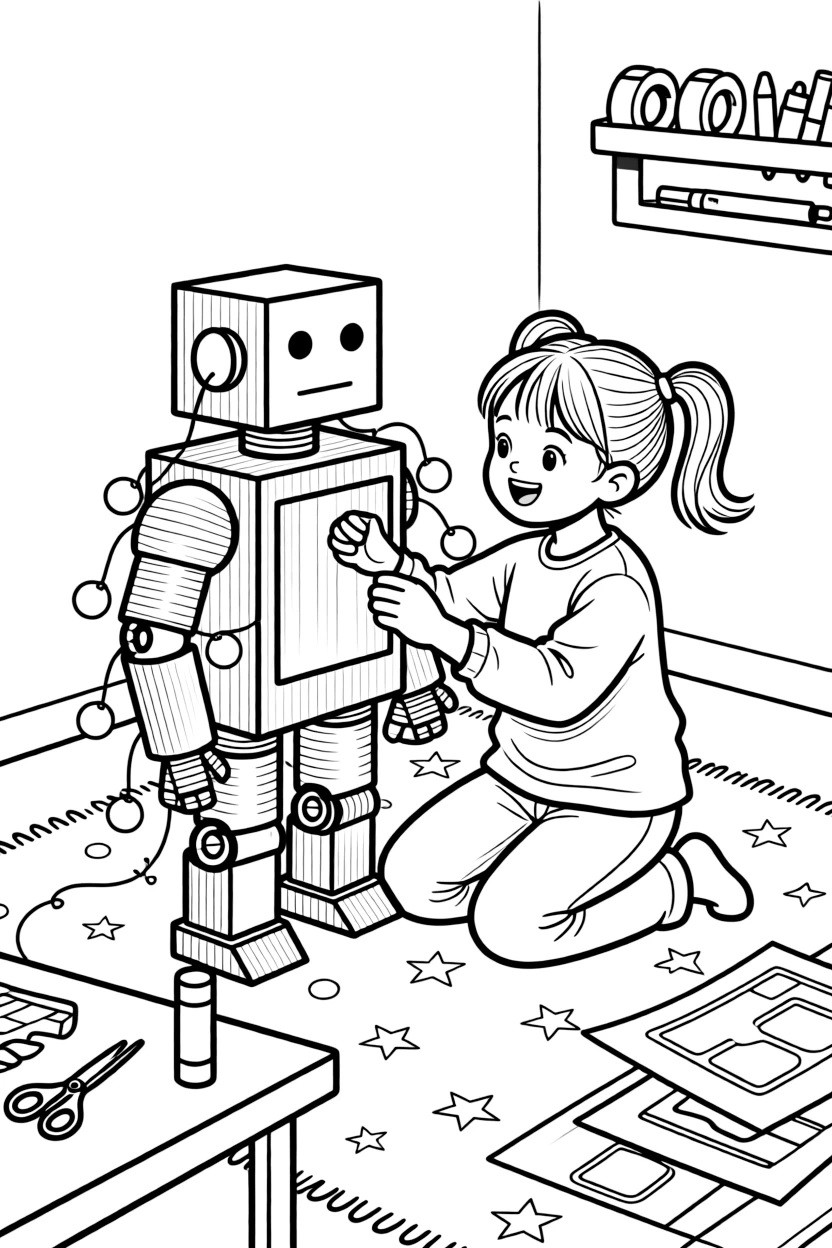 a bold little girl builds a cardboard robot costume covered in blinking paper lights.