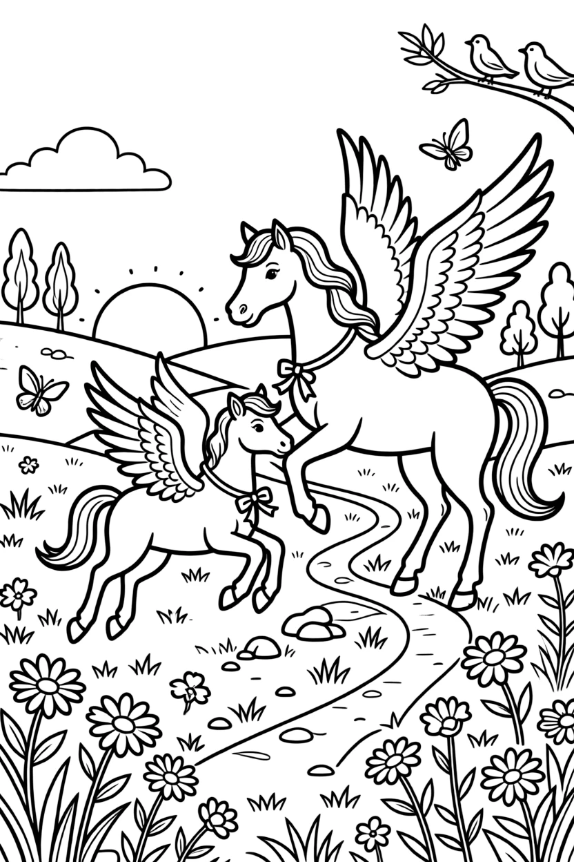 A pegasus foal is taught to fly by its patient mother, gliding low over a meadow of wildflowers at sunrise.