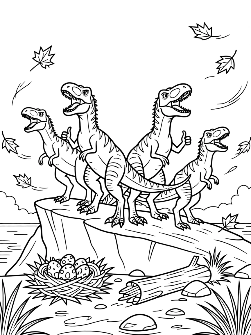 [Dinosaurs] A dynamic scene shows a speedy velociraptor pack letting out a mighty roar atop a rocky ridge in a misty prehistoric swamp, giving a confident thumbs-up. Close by, a nest of speckled eggs sits tucked in the brush. Scattered rocks and fallen logs add texture to the ground. The moment unfolds at high noon, with autumn leaves swirling in the wind, filled with energetic detail perfect for a young colorist.