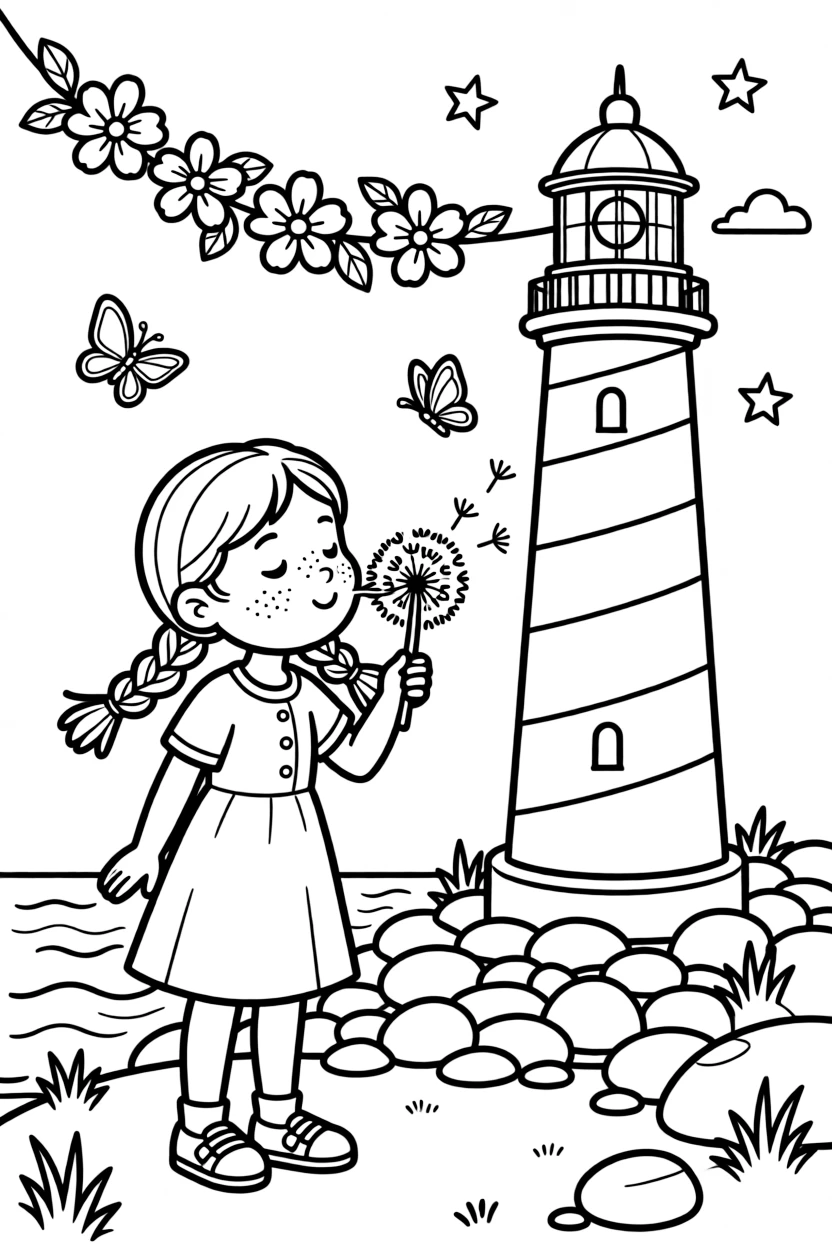 A girl with braided pigtails and freckles is making a wish while blowing on a dandelion beside a lighthouse on a rocky coast. Close by, a garland of paper flowers strung overhead and fluttering butterflies drifting nearby fill the page with charm.