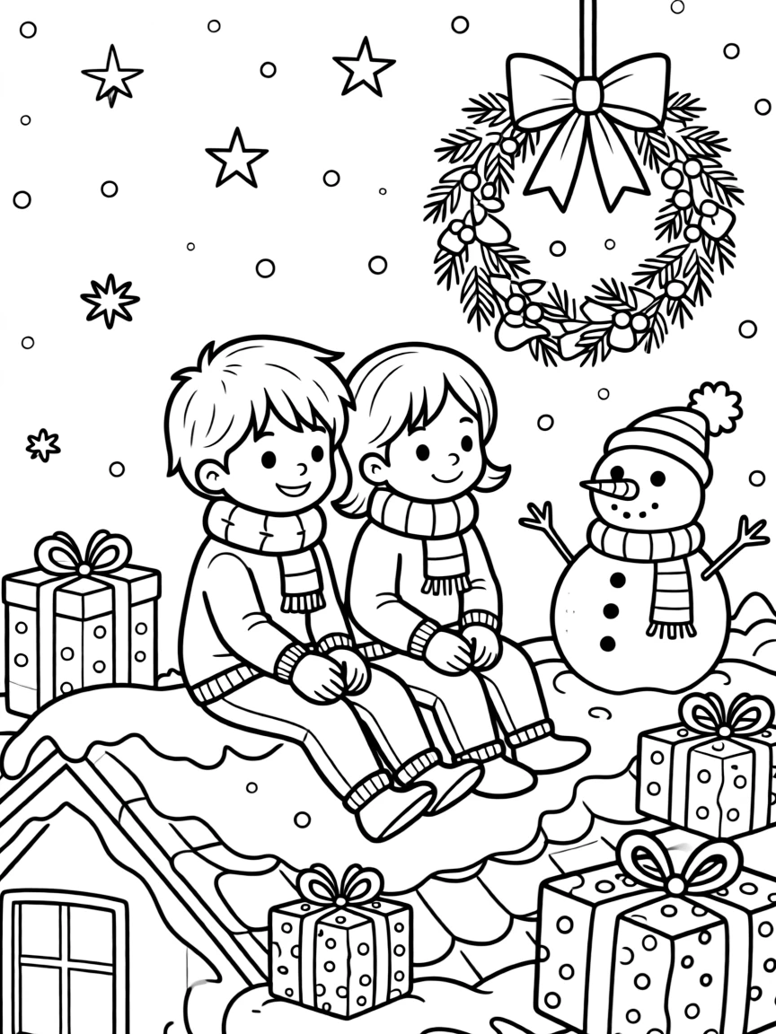 A pair of giggling twins sitting beside handmade gifts wrapped in colorful cloth on a snowy rooftop under a starry night sky, with a wreath tied with a red ribbon and a cheerful snowman with a striped scarf scattered about.
