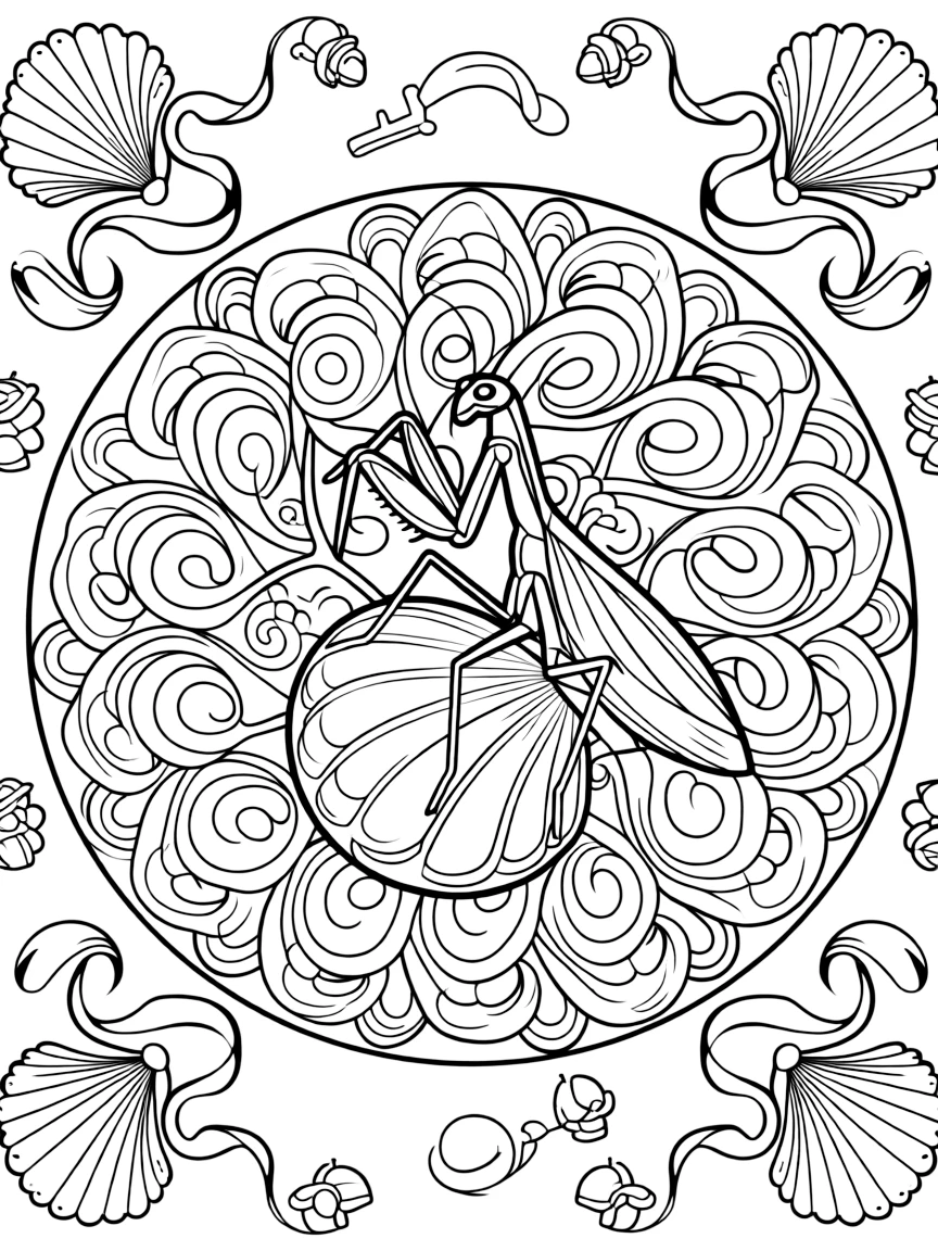 Insects & Bugs: The page presents a small themed scene built around a praying mantis with folded front legs, tied together by a shell-spiral mandala coiling outward in smooth turns. The scene is set within a framed scene where every element on one side is echoed by a twin on the opposite side. Decorative details fill the surrounding space, including overlapping scalloped shells, loops of ribbon curling back on themselves, and clusters of tiny acorns woven throughout the background. A playful extra touch completes the page: a small key shape tucked discreetly among the pattern details.