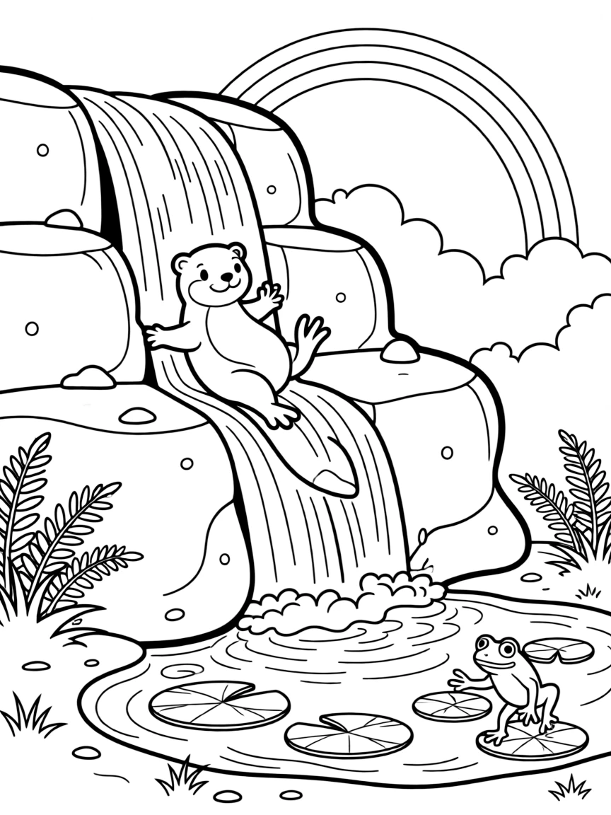 [Waterfalls] A curious otter slides down a smooth rock beside a cascading waterfall into the pool below. A tiny frog hops across lily pads floating near the edge of the misty pool. The waterfall tumbles over layered rocky ledges into a clear turquoise pool ringed with ferns. Soft morning light glows through the mist, casting a gentle rainbow over the pool.