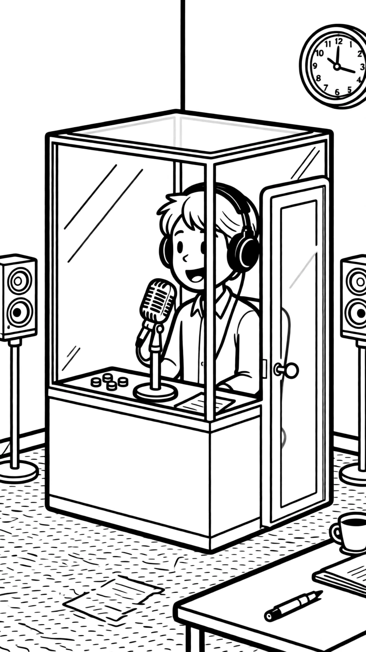 A radio host talks into a microphone inside a glass broadcast booth.