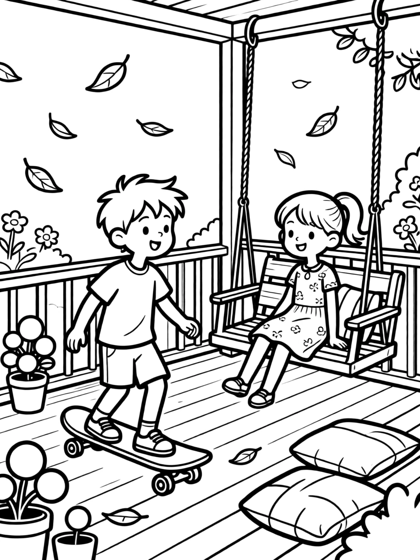 A talkative boy riding a skateboard with a visiting pen pal on a porch swing as fallen leaves swirl in the breeze.