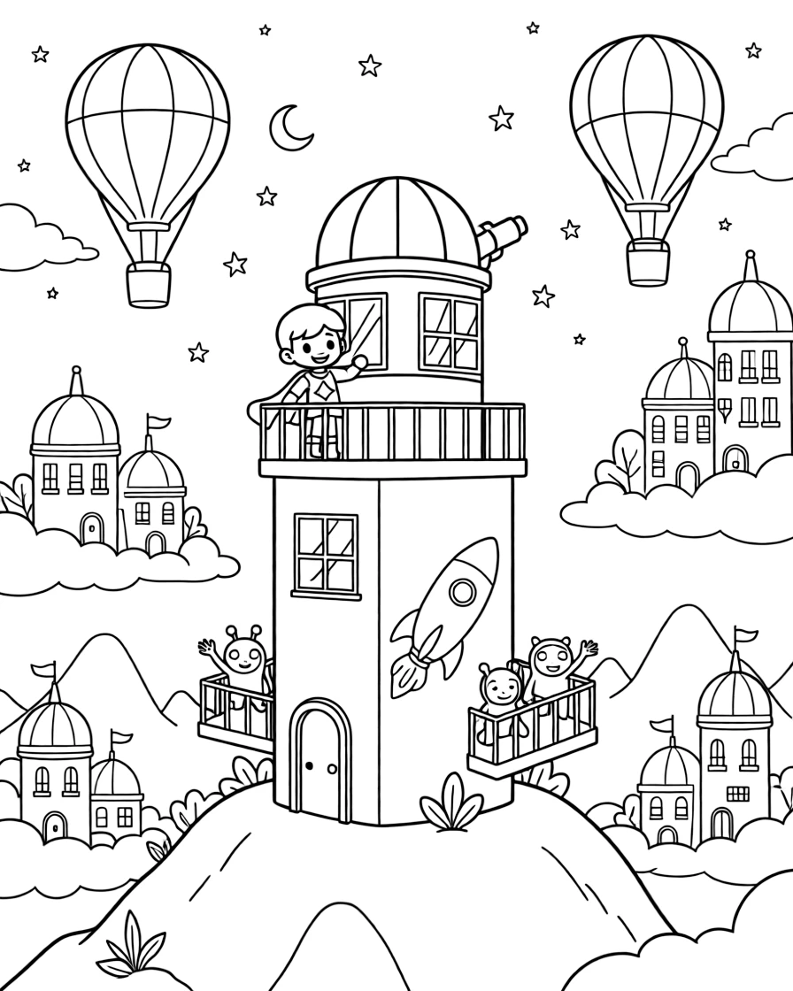 Ranger Miko, a kindhearted crystal-powered superhero kid guiding a hot-air balloon race between floating cloud cities, in a quiet observatory perched on a mountaintop under a starry sky, with friendly aliens waving from nearby balconies and a mural of a rocket ship painted on a nearby wall nearby.