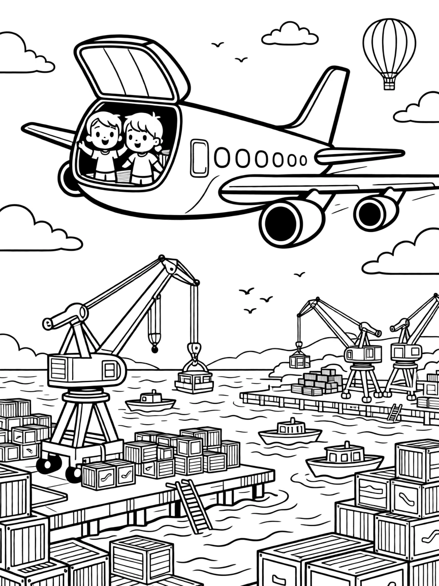 A cargo airplane with its nose open for loading crates is shown journeying through a busy harbor lined with docks, cranes, and stacked crates, with twin siblings pressing their faces to the window close by and a hot air balloon floating in the distance completing the lively scene.