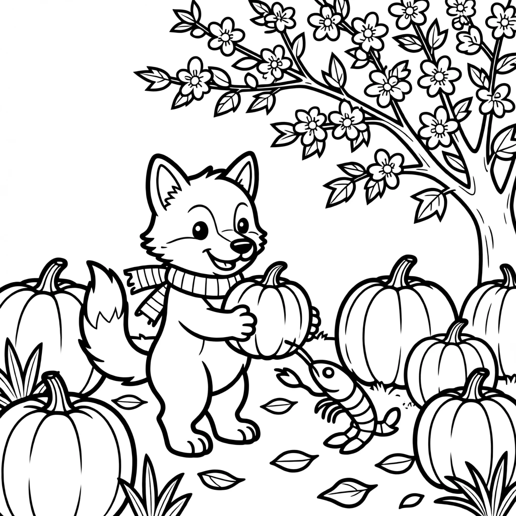 A wolf pup in a pumpkin patch in October, harvesting ripe fruit alongside a shrimp, next to a blooming cherry blossom tree.
