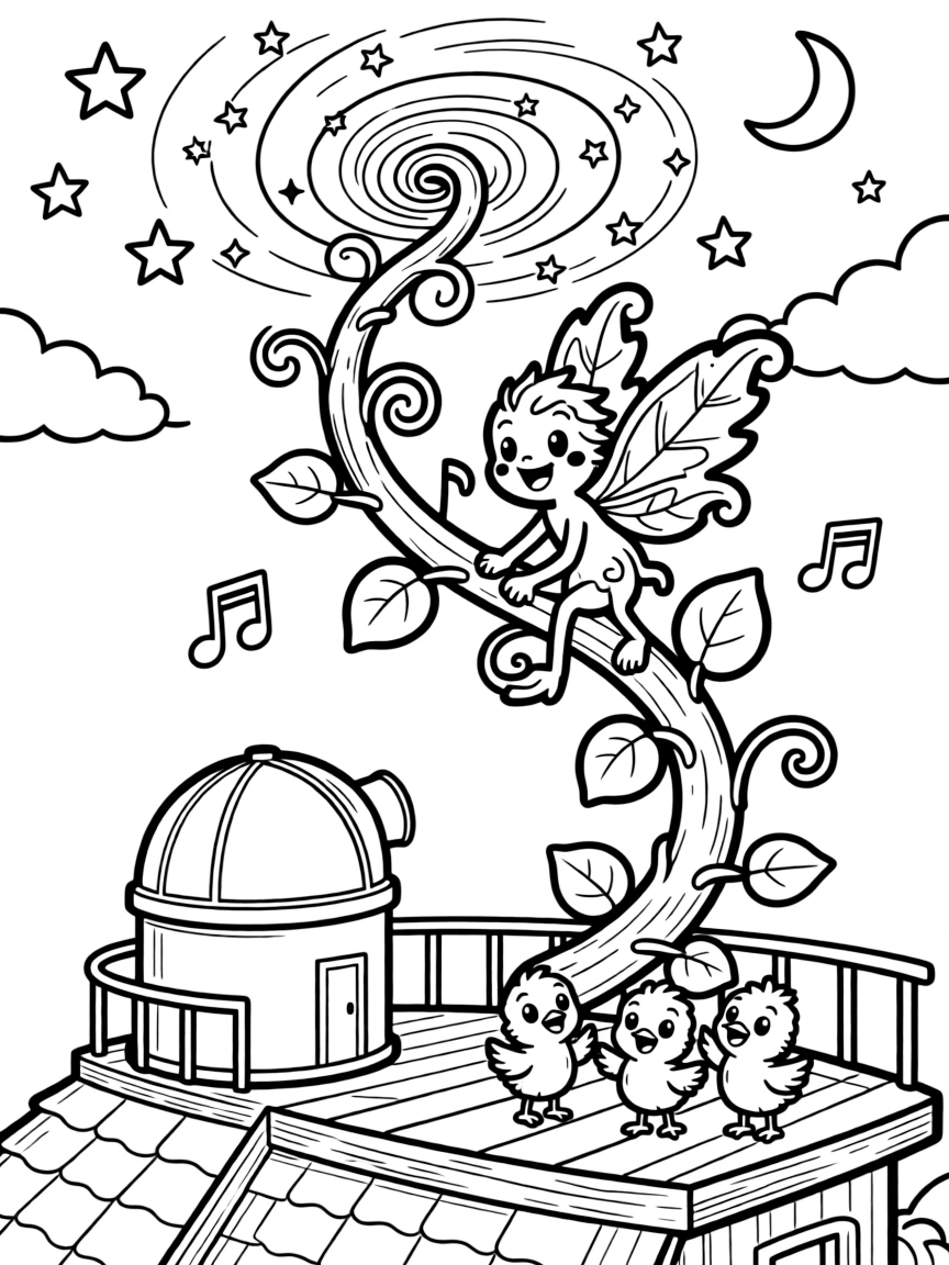 At a mountaintop observatory under a swirl of stars, a wiggly autumn leaf sprite is busy climbing to the top of a beanstalk that reaches the clouds, cheered on by musical notes floating playfully in the air and a trio of giggling baby chicks. It's a perfectly wonderful, magical moment.