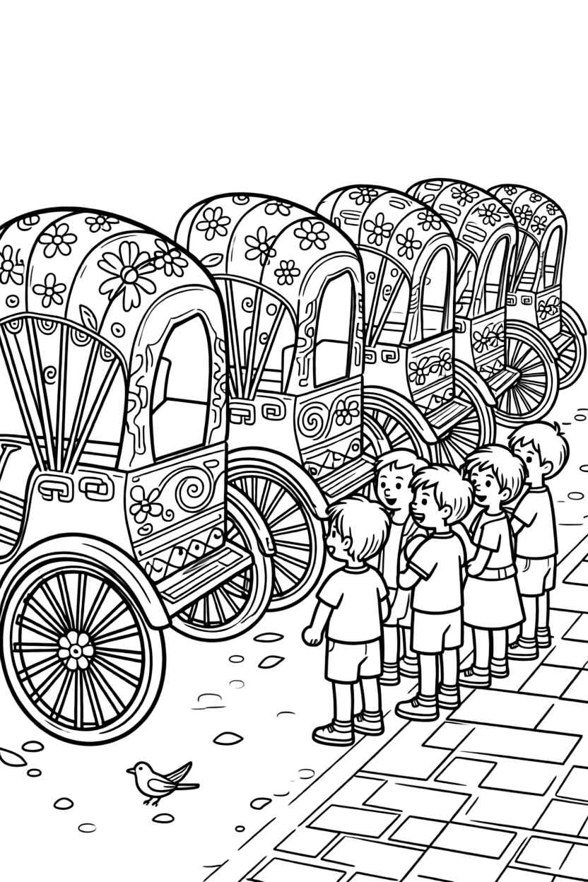 A coloring page showing colorful rickshaws painted with flowers and patterns lined up on a street in Bangladesh, admired by a group of delighted children gathered close by.