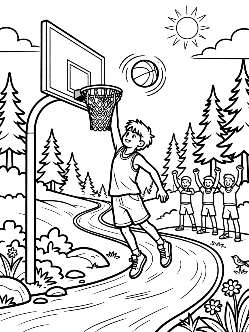 [Sports] a basketball player mid-jump dunking the ball through the hoop along a mountain bike trail. In the background, teammates cheer from the sidelines, adding extra fun to explore. A ball flies through the air mid-motion. It all happens at high noon, with fluffy clouds drifting overhead.