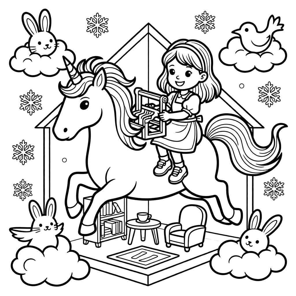 A girl weaver working at a small loom is flying through fluffy clouds on a friendly unicorn inside a dollhouse-sized world of tiny furniture. In the background, gently falling snowflakes and fluffy clouds shaped like little animals round out the happy picture.