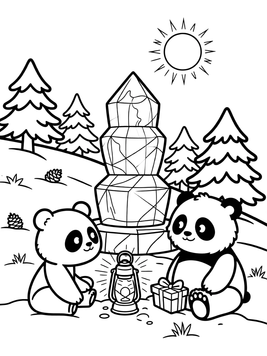 A giant ice sculpture glittering in the sun on a hillside dotted with snow-frosted evergreens, while a chubby panda cub looks on nearby, a lantern glowing softly in the snow and a stack of wrapped gifts completing the scene.