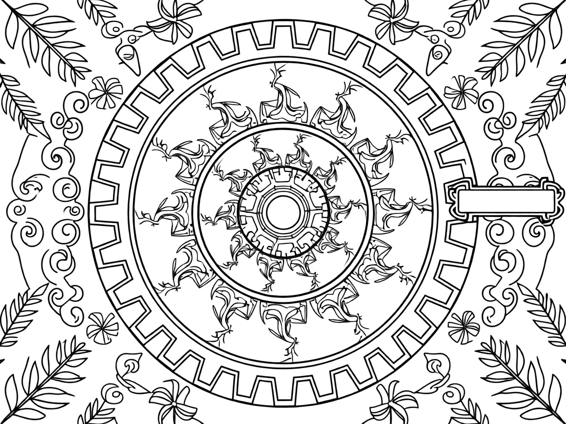 Insects & Bugs: The design turns a praying mantis with folded front legs into a kaleidoscope-style composition anchored by a gear-wheel mandala with even notches around the rim. The imagery is arranged in a spinning ring of repeated segments, each one a slightly rotated twin of its neighbor. Decorative details fill the surrounding space, including rows of curling wave shapes, pinwheel blades spinning in place, and rows of gentle leaf veins branching outward woven throughout the background. A playful extra touch completes the page: a little blank banner tucked into the design, ready for a name to be added.