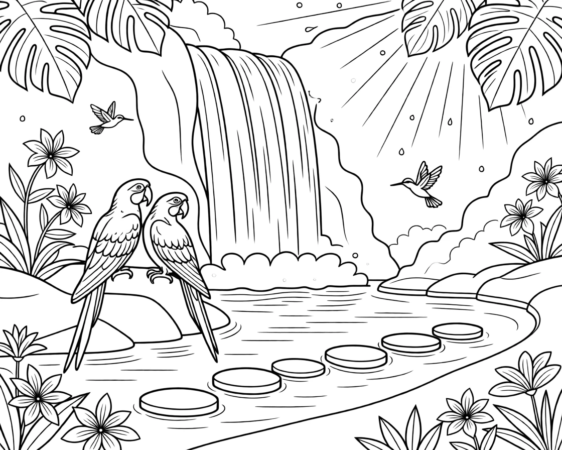 [Waterfalls] A pair of colorful macaws perch on a mossy ledge overlooking a thundering waterfall. Hummingbirds dart between blossoms growing on the rocks beside the tumbling water. Smooth stepping stones cross the pool below, leading toward a path lined with tropical flowers. Late afternoon sun filters through the leaves, glinting off every droplet of spray.