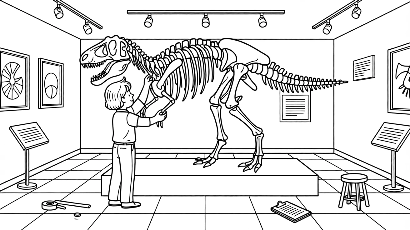 A museum curator arranges a dinosaur skeleton display in a big exhibit hall.