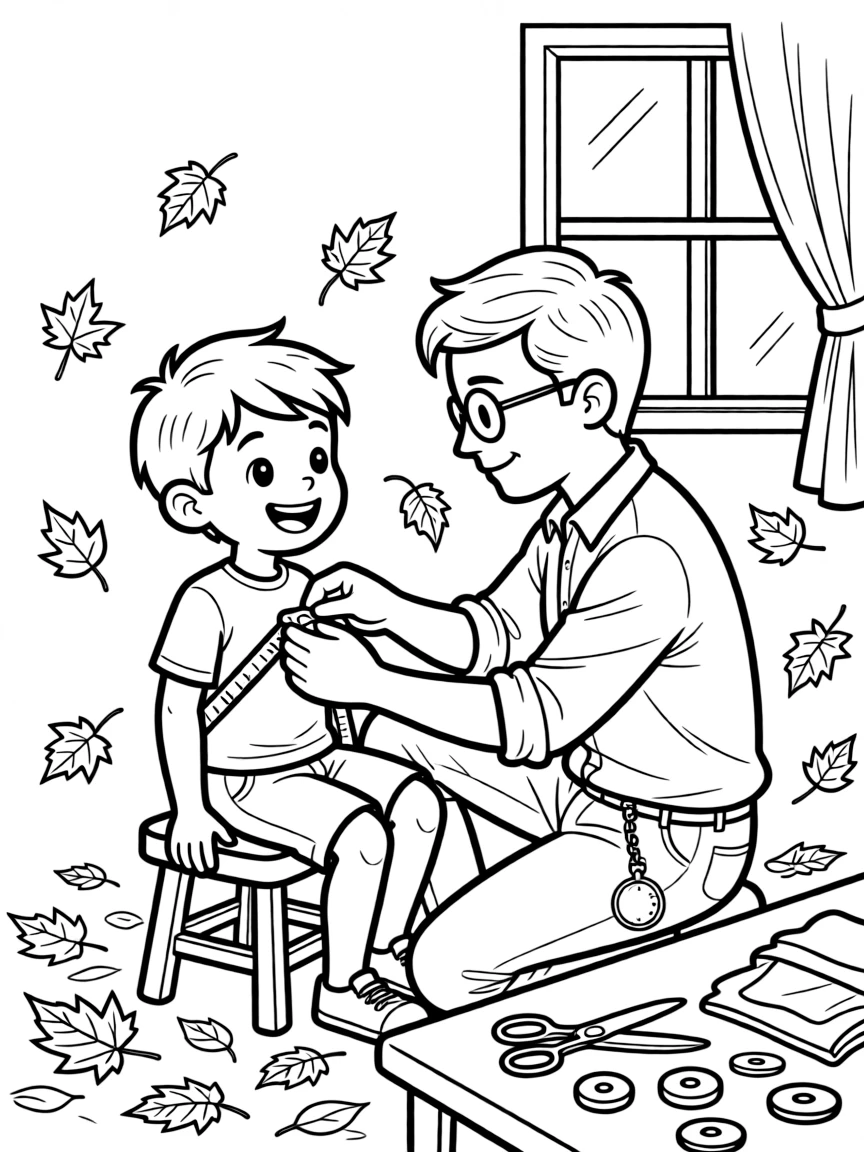 A giggling boy getting measured for a costume by a tailor as fallen leaves swirl in the breeze.