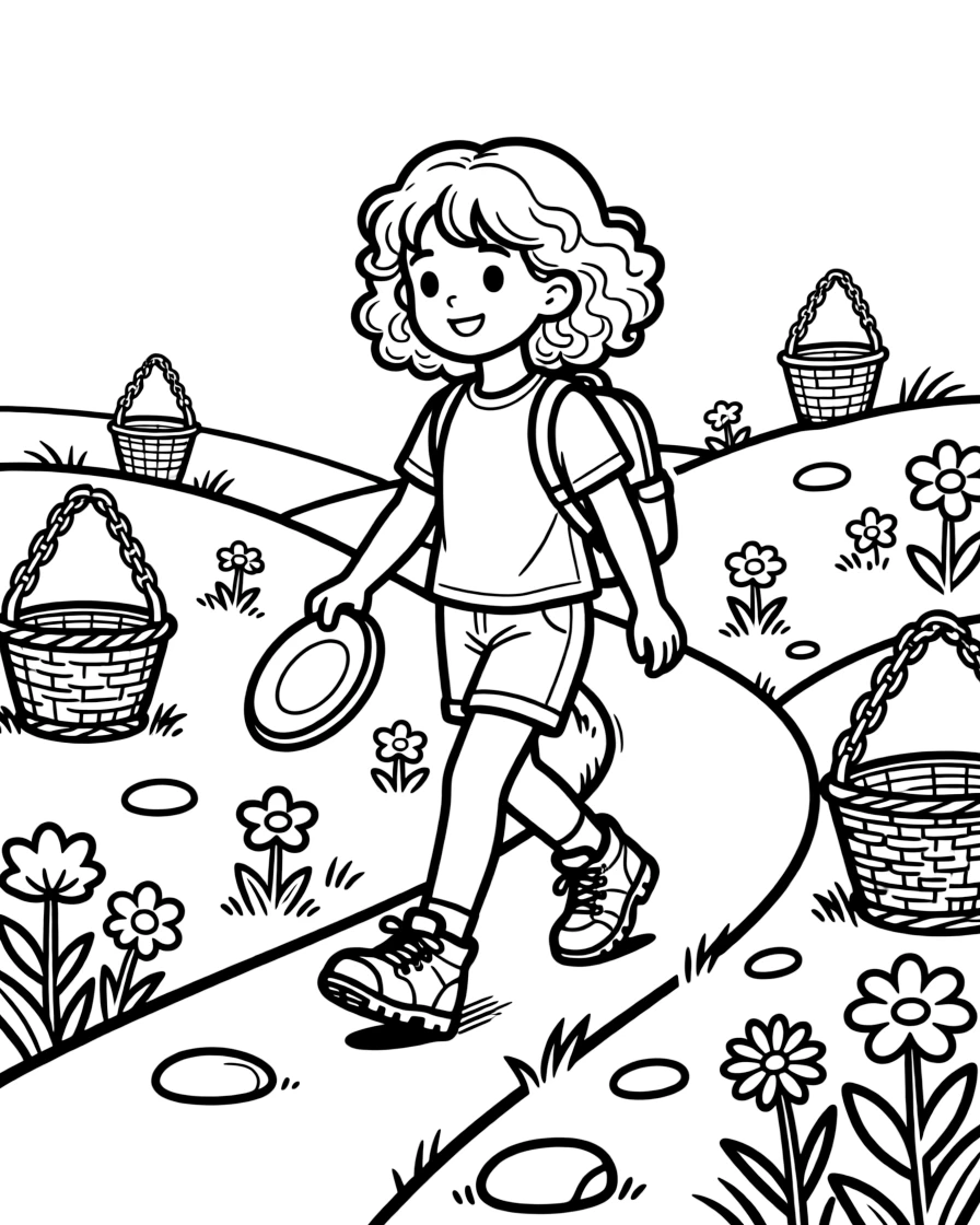 A little girl with curly hair, hiking between baskets on a hilly disc golf course dotted with wildflowers.