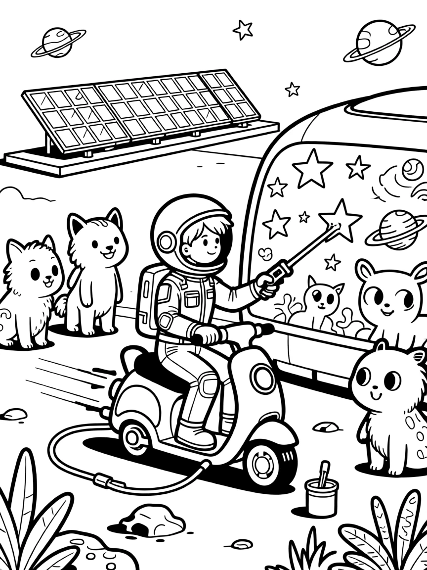 In a space zoo housing gentle creatures from across the galaxy, pilot Atlas zooming along on a rocket scooter painting a mural on the side of a spaceship using color-changing light beams, while a row of solar panels catching the sunset adds to the excitement.