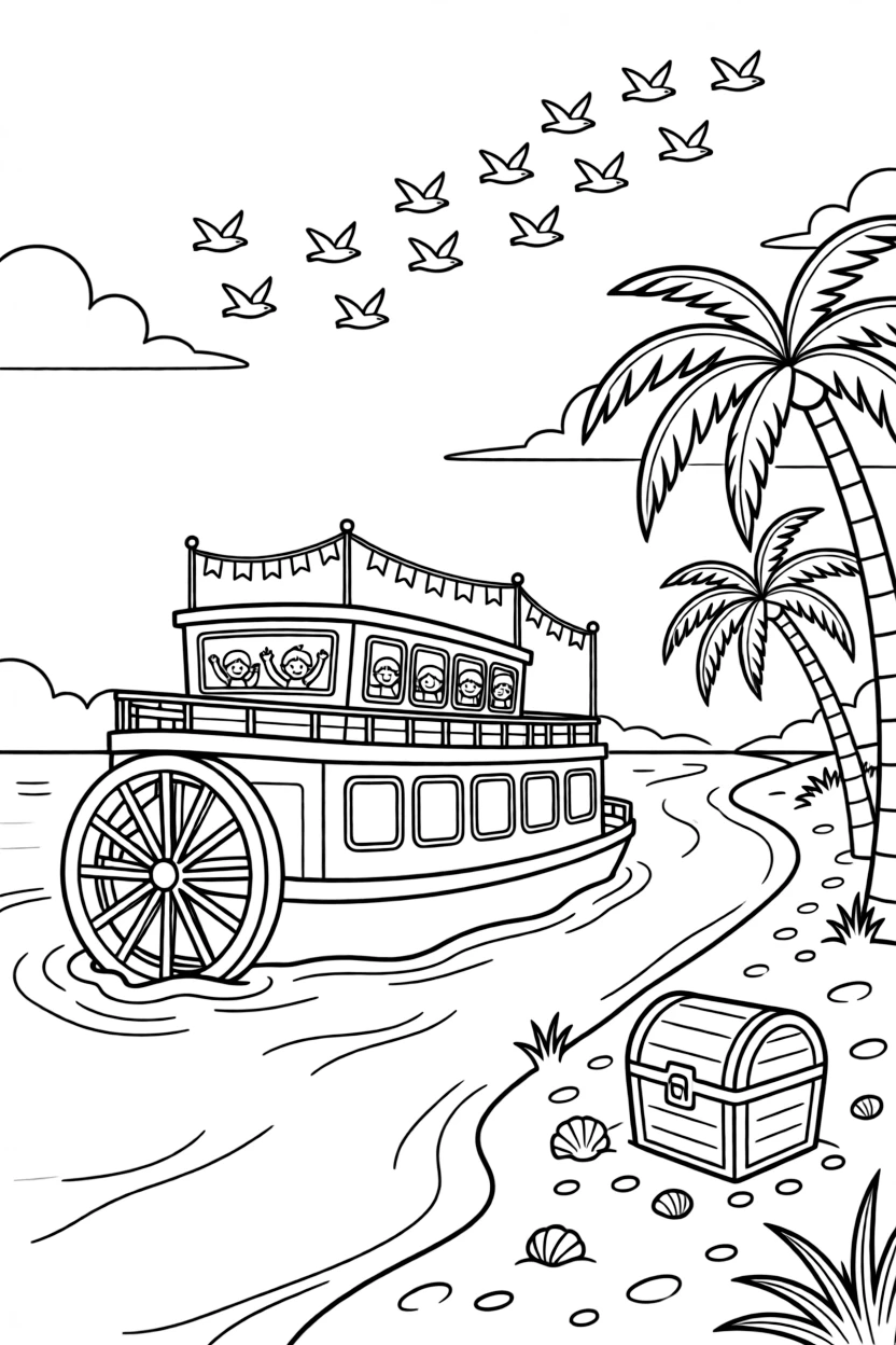 A coloring page featuring a paddle-wheel riverboat drifting past a sandy riverbank, traveling through a hidden pirate cove with a sandy beach and palm trees, with a group of cheerful kids waving from the windows and a treasure chest half-buried in the sand and a flock of birds flying alongside in formation filling the scene.