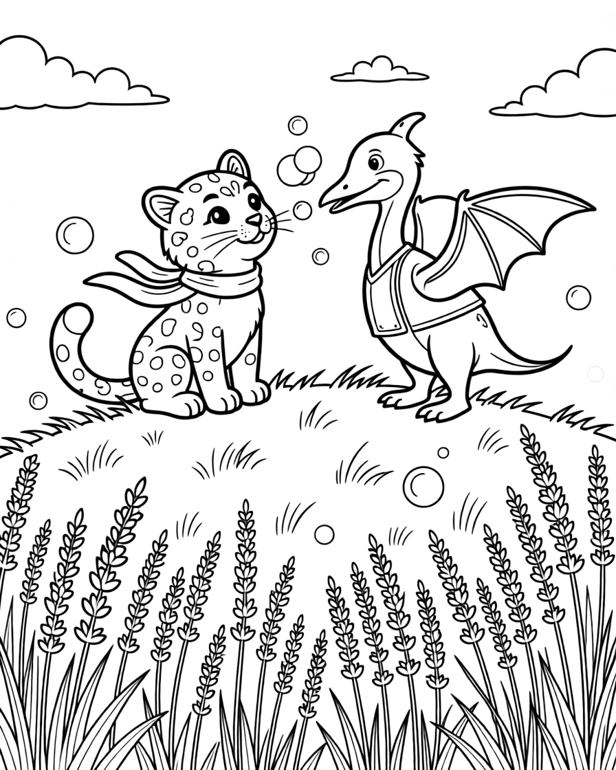 A snow leopard cub at the top of a windy hill, blowing bubbles with a pterodactyl, next to a lavender field.