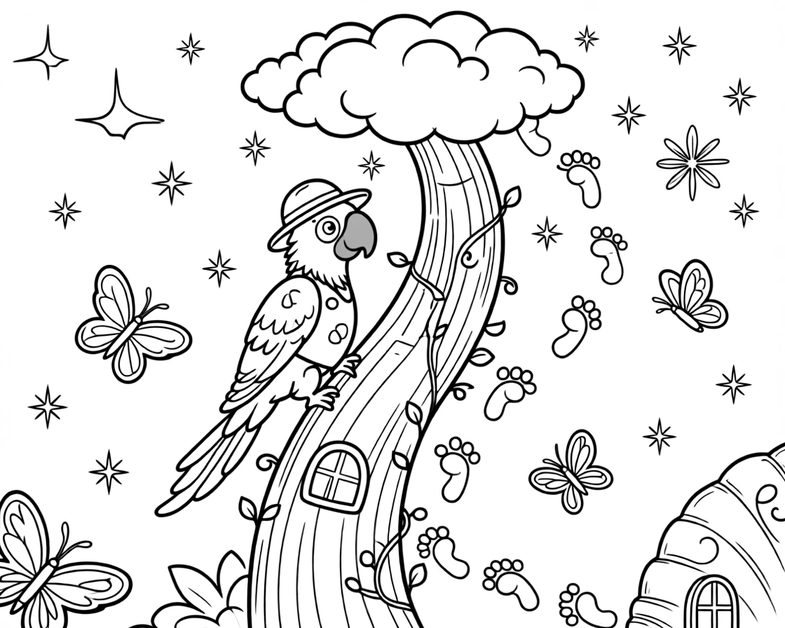 Inside a giant seashell that doubles as a cottage, a proud macaw jungle guide is busy climbing to the top of a beanstalk that reaches the clouds, cheered on by a rainbow of butterflies fluttering by and a trail of glowing footprints. Sparkles and stars fill the air with magic.