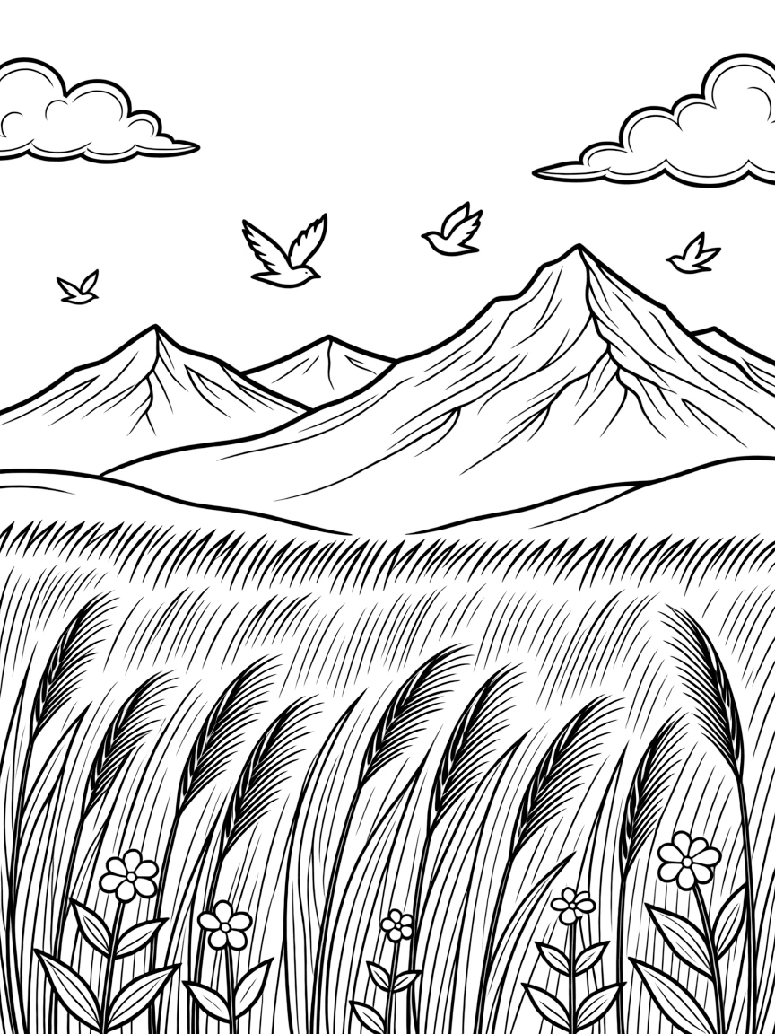 A coloring page celebrating Kazakhstan featuring wide golden steppe grassland stretching to snow-capped mountains, with a few small birds in the sky and friendly clouds nearby.
