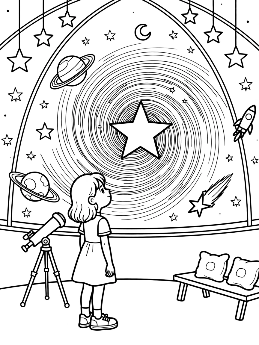 an adventurous little girl looks up in wonder at a swirling star projection inside a planetarium dome.