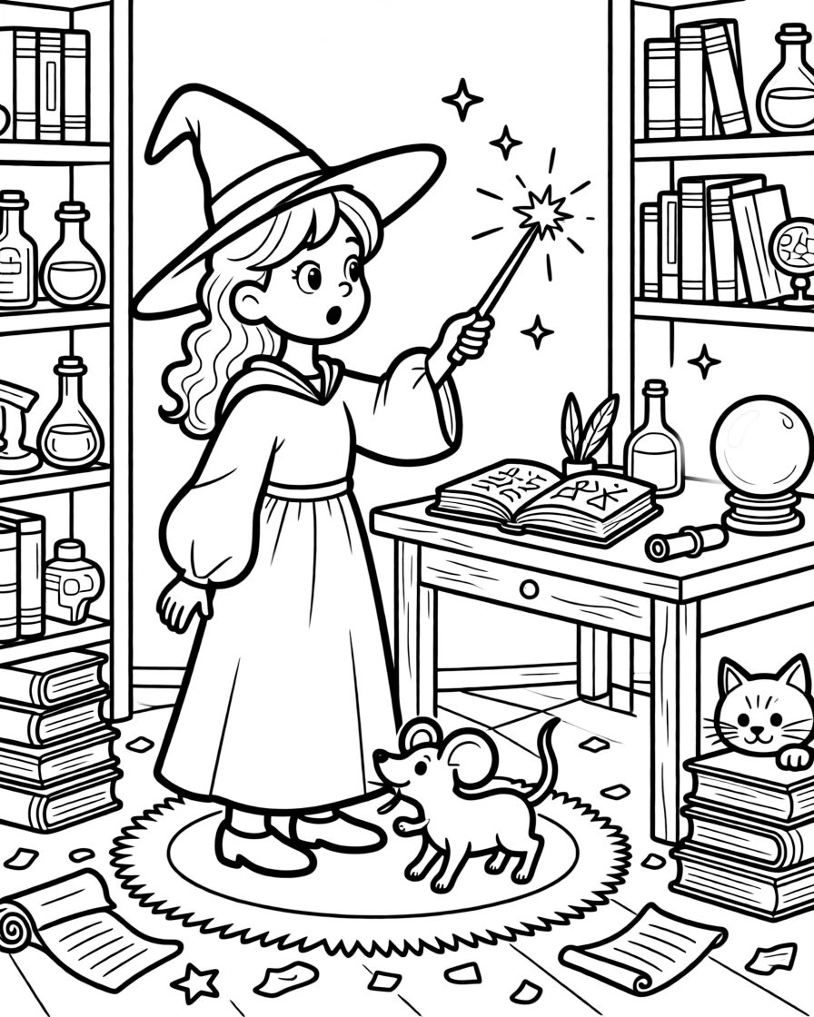 A young sorceress practices shrinking spells, accidentally shrinking her pet dog to the size of a mouse in her cluttered study.