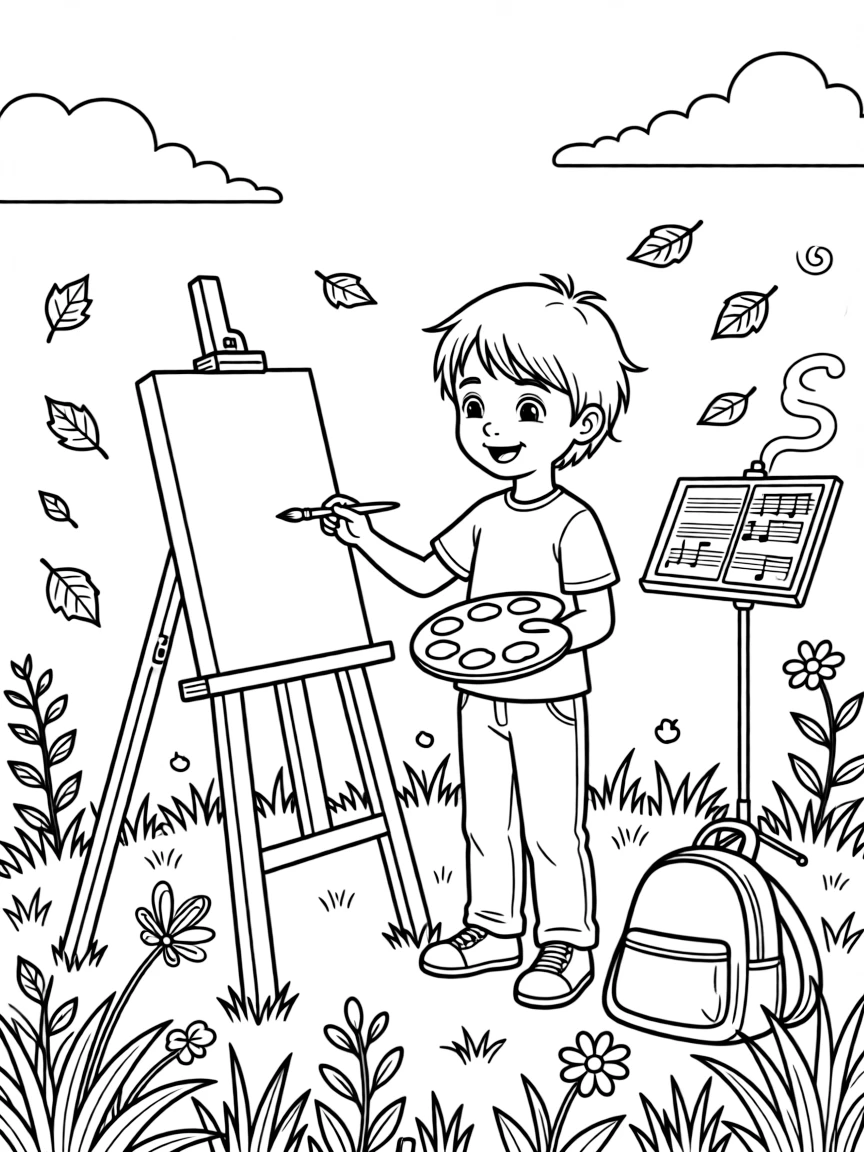 [Hobbies] a young artist painting at an easel mixing bright colors on a palette in an open grassy field. In the background, sheet music rests on a stand, adding extra fun to explore. Bright colors and textures fill the scene. It all happens during a bright summer day, with autumn leaves swirling in the wind.