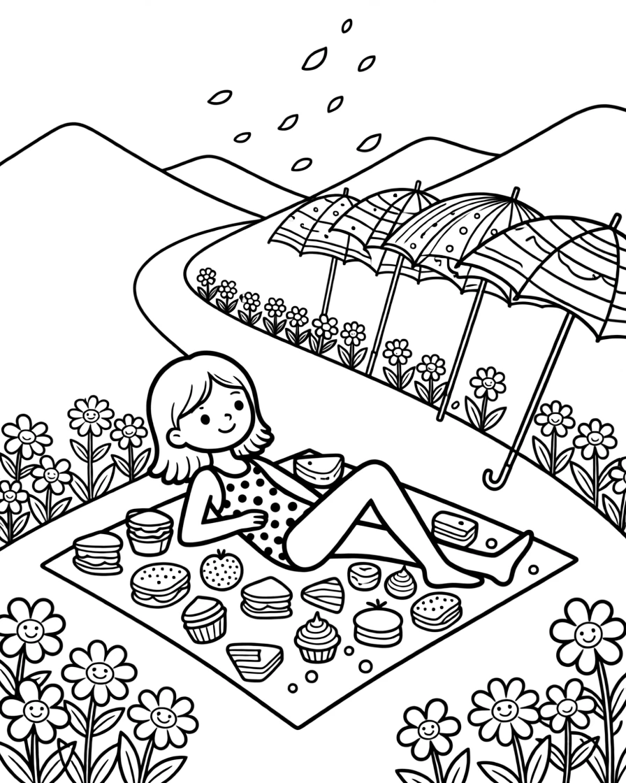 A girl swimmer in a polka-dot swimsuit is setting out a picnic blanket dotted with treats on a mountain trail dotted with wildflowers. Scattered nearby, a row of colorful umbrellas and scattered flower petals drifting in the breeze add a playful, cheerful touch.