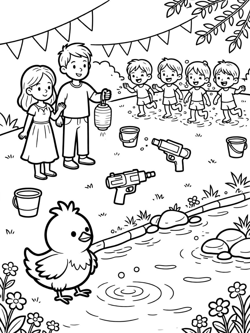 A tiny chick sitting beside a family releasing a lantern onto calm water in a courtyard where buckets and water guns are ready for play, with a group of friends laughing and splashing and colorful flags fluttering along the bank scattered about.