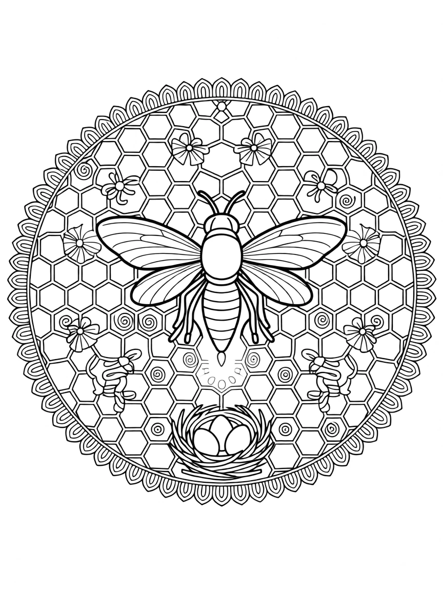 Insects & Bugs: The main subject is a firefly glowing at the tip of its tail, drawn as the focal point of a honeycomb mandala tiled from small hexagon cells. It is positioned in the middle of the page so the design radiates outward evenly in every direction. Decorative details fill the surrounding space, including delicate lace-edged fringes, loops shaped like small bows, and tightly coiled spiral shells woven throughout the background. A playful extra touch completes the page: a tiny nest holding three small eggs tucked into the pattern.