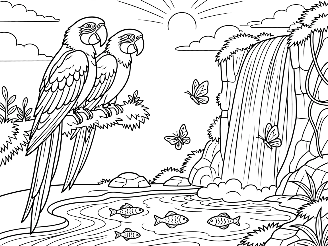 [Waterfalls] A pair of colorful macaws perch on a mossy ledge overlooking a thundering waterfall. Butterflies drift through the mist while fish dart through the clear pool below the falls. Moss-covered boulders and tangled vines surround the base of the roaring waterfall. The steady rush of falling water fills the air beneath a bright, clear sky.