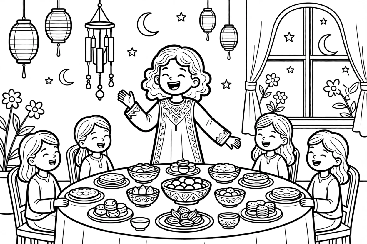 A curly-haired girl singing around a table during an Eid celebration with classmates as a wind chime tinkles softly.