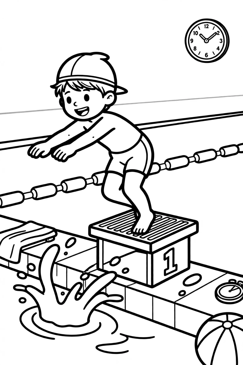 A cheerful young boy, diving off the starting block the instant the buzzer sounds for the race.