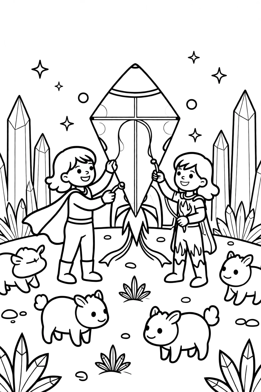 In a shimmering ice planet dotted with crystal spires, twin superhero siblings Piper (light-bending) and Glimmer (fire-powered) assembling a giant kite shaped like a rocket for the sky festival, while a herd of gentle six-legged alien creatures grazing nearby adds to the excitement.