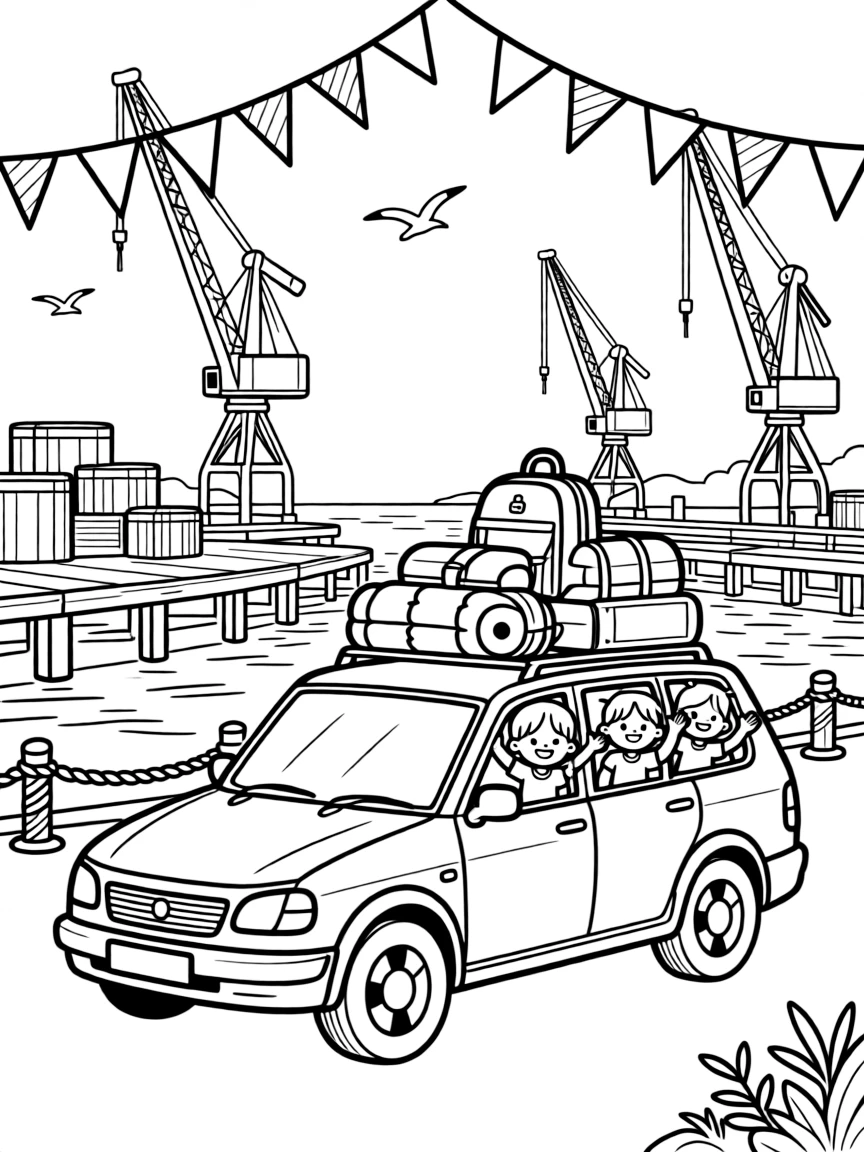 The scene captures a station wagon loaded up for a road trip in the middle of a busy harbor lined with docks, cranes, and stacked crates, with a group of cheerful kids waving from the windows nearby and a string of triangle pennant flags overhead sprinkled around for extra fun.