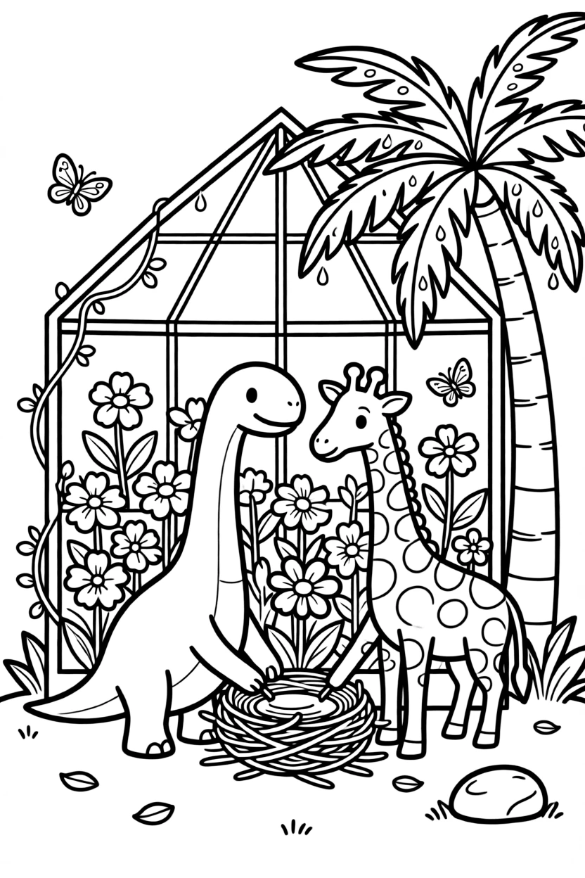 A brachiosaurus in a greenhouse full of blooms, building a tiny nest together with a giraffe, next to a tropical palm tree, as dewdrops sparkle on the leaves.
