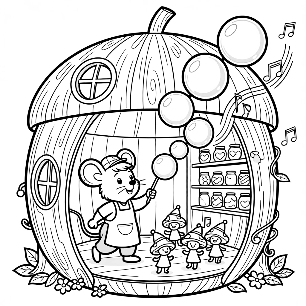 A gentle-hearted candy shop owner mouse is chasing a trail of giant soap bubbles inside a giant treehouse shaped like an acorn, joined by a cluster of giggling mushroom sprites and musical notes floating playfully in the air. It's shaping up to be the happiest day in the whole kingdom.