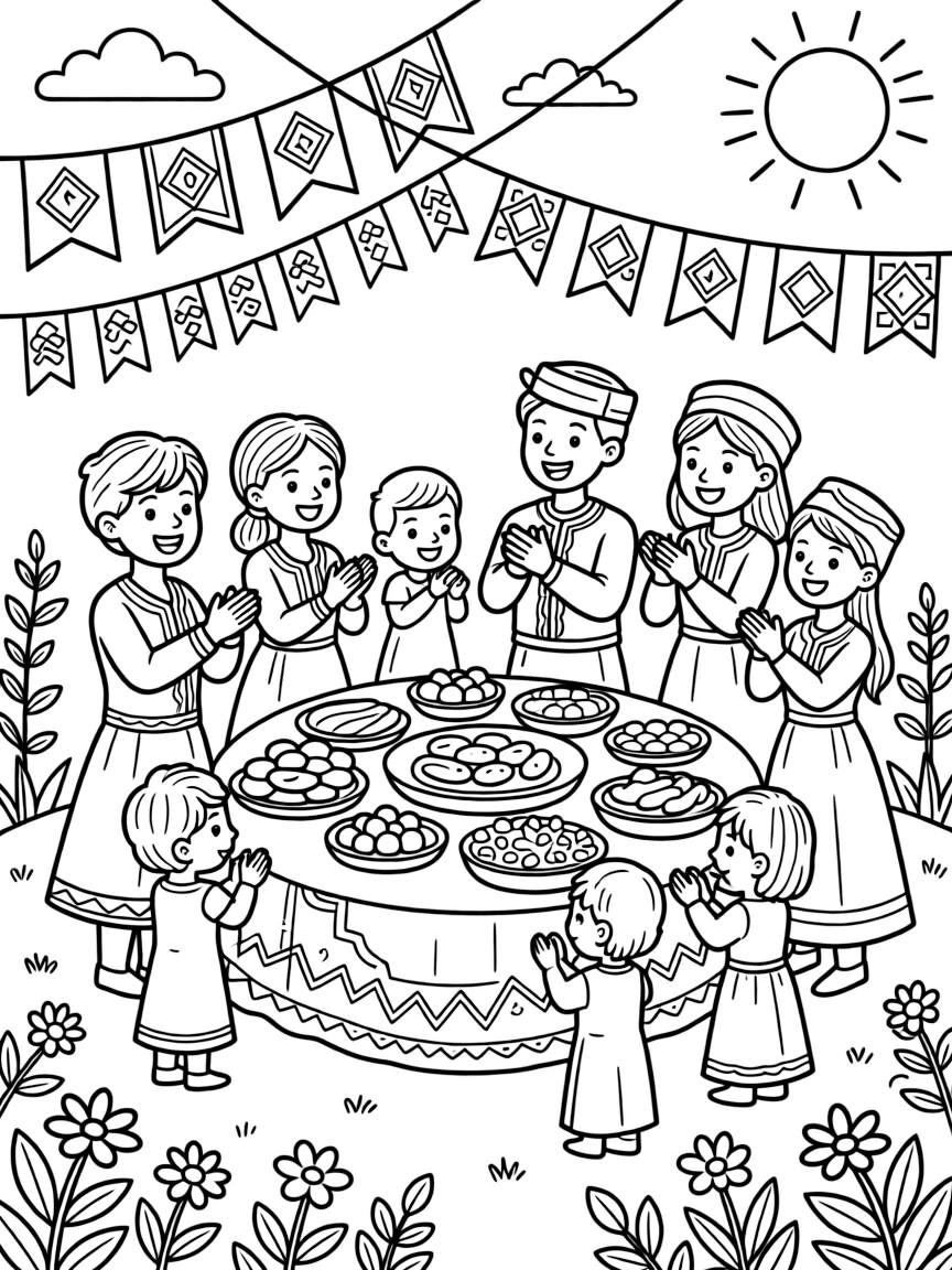 A coloring page showing a lively celebration in Kazakhstan with the Nauryz spring festival with families sharing a large feast outdoors, while families clap and cheer and colorful banners hang overhead.