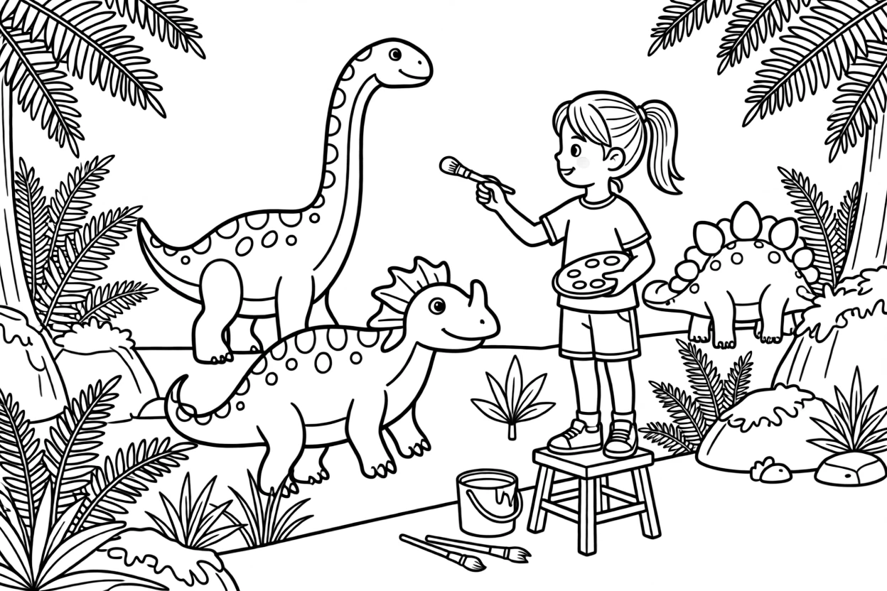 an adventurous little girl paints a mural of dinosaurs roaming through ferns and mossy rocks.