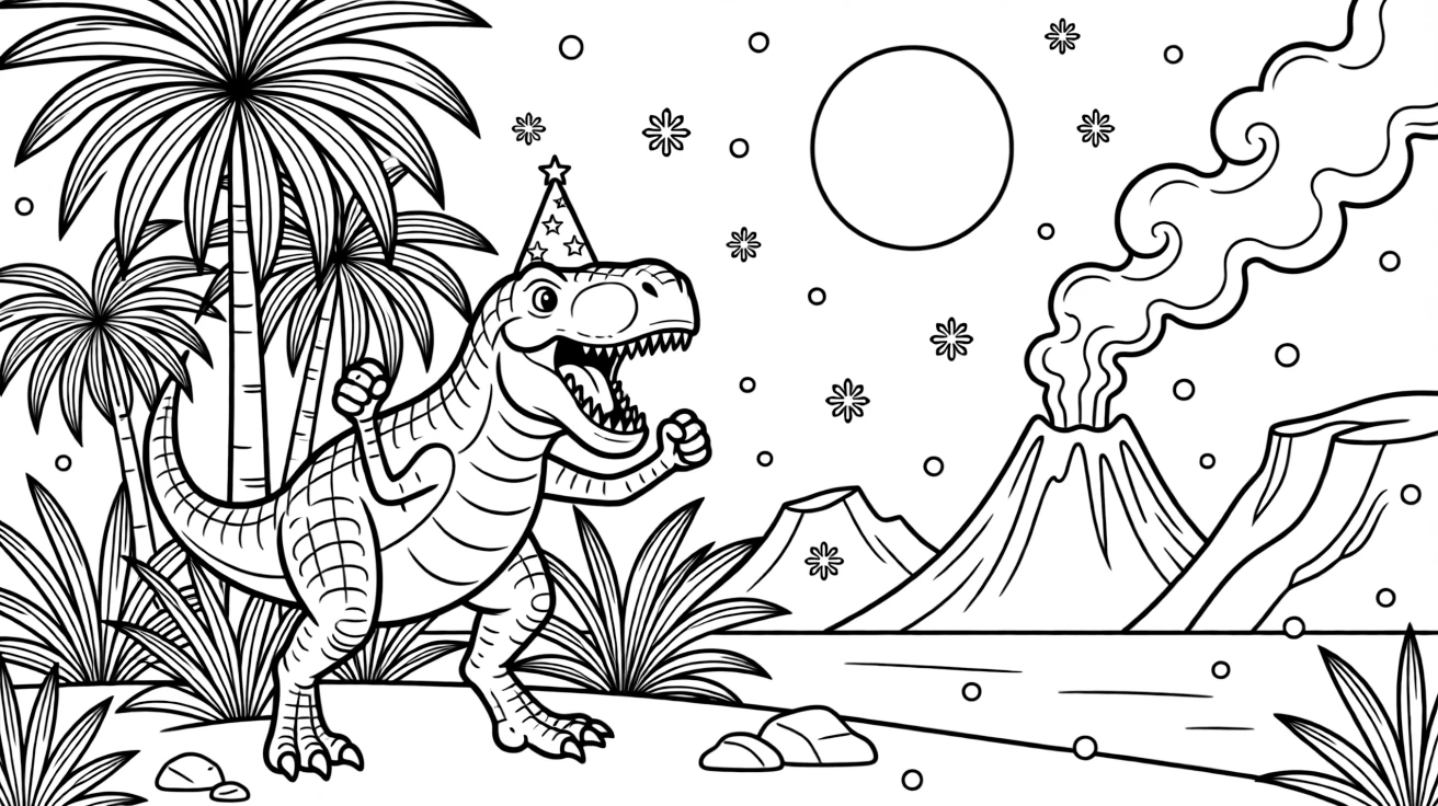 [Dinosaurs] A dynamic scene shows a fierce-looking T-rex bursting out from behind tall cycad trees near an active volcano puffing smoke in the distance, cheering with both fists raised. Close by, palm-like cycad leaves sway in the breeze. Craggy cliffs frame the horizon in the distance. The moment unfolds under a full moon, with snow gently falling, filled with energetic detail perfect for a young colorist.