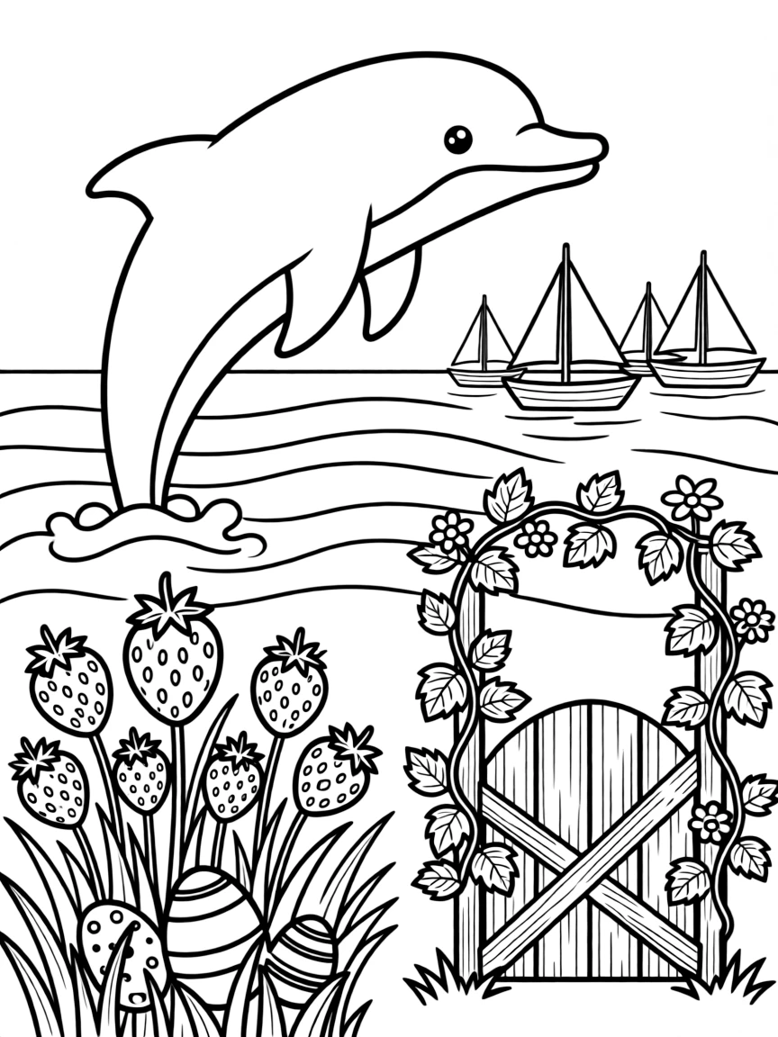 A friendly dolphin leaping over the waves is searching for hidden eggs tucked in the grass at a strawberry patch ready for picking. Close by, little sailboats bobbing on the horizon and a garden gate covered in climbing ivy bring the scene to life.