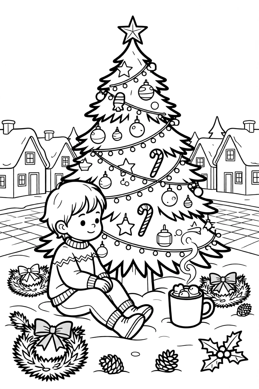 A shy toddler taking it all in sitting beside a decorated tree glittering with ornaments and lights on a snow-covered village square, with a steaming mug of cocoa with marshmallows and a wreath tied with a red ribbon scattered about.