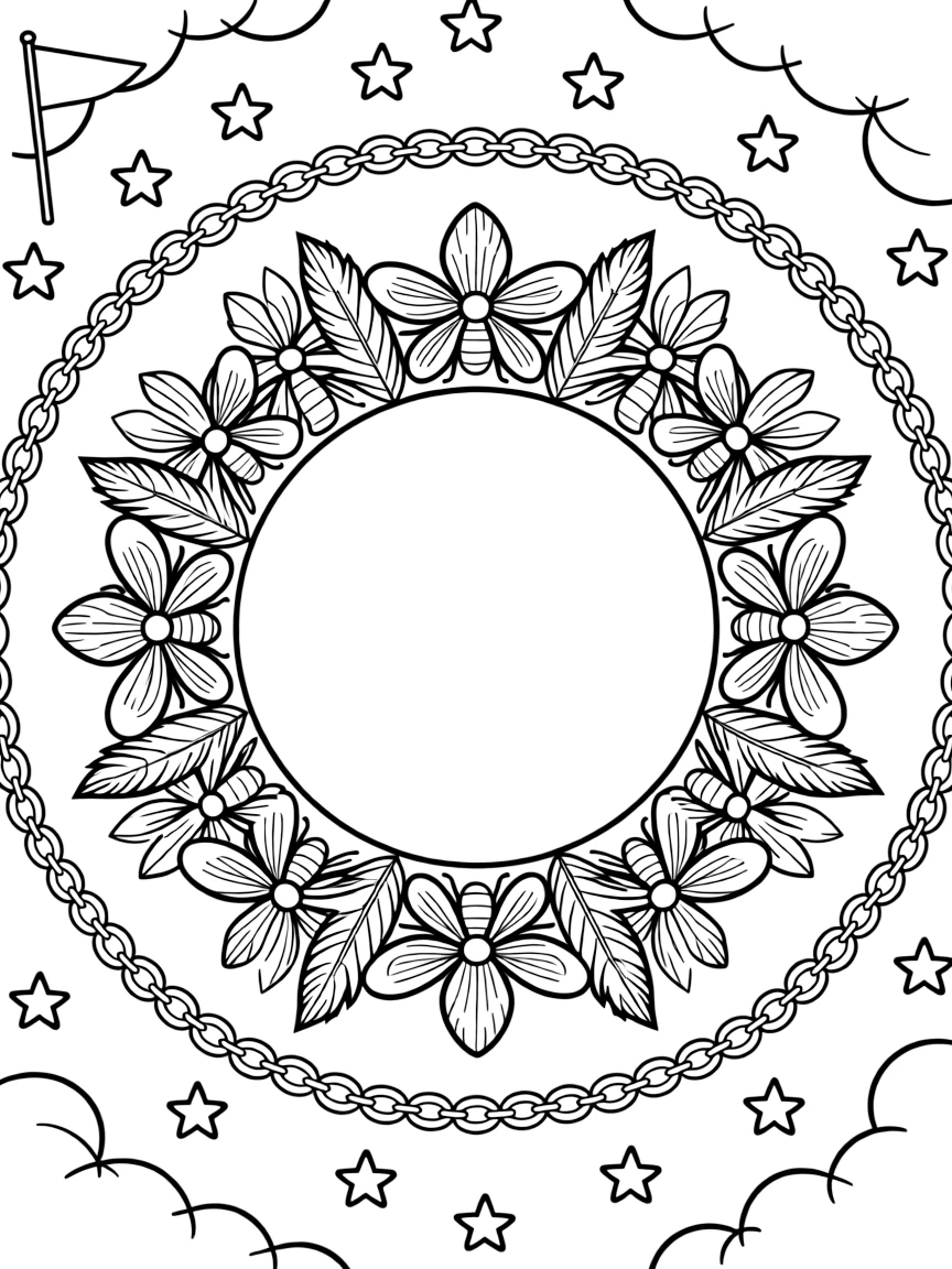 Insects & Bugs: The page centers on a repeating motif of a firefly glowing at the tip of its tail, built around a feather-ring mandala with plumes fanning outward. The motif is repeated in a corner-to-corner border that circles the entire page, leaving a round open area in the middle. Decorative details fill the surrounding space, including interlocking circle chains, clusters of small five-point stars, and rounded puffy cloud shapes woven throughout the background. A playful extra touch completes the page: a small flag on a stick poking out from one side of the pattern.