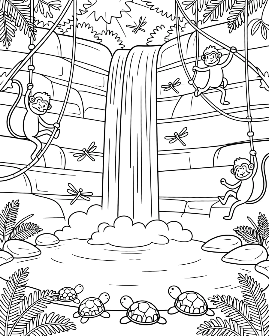 [Waterfalls] A group of monkeys swing from vines near a tall waterfall crashing into a turquoise pool. Dragonflies hover above the spray as turtles rest on smooth stones nearby. The waterfall tumbles over layered rocky ledges into a clear turquoise pool ringed with ferns. Sunlight breaks through the canopy, sparkling on the mist rising from the crashing water.