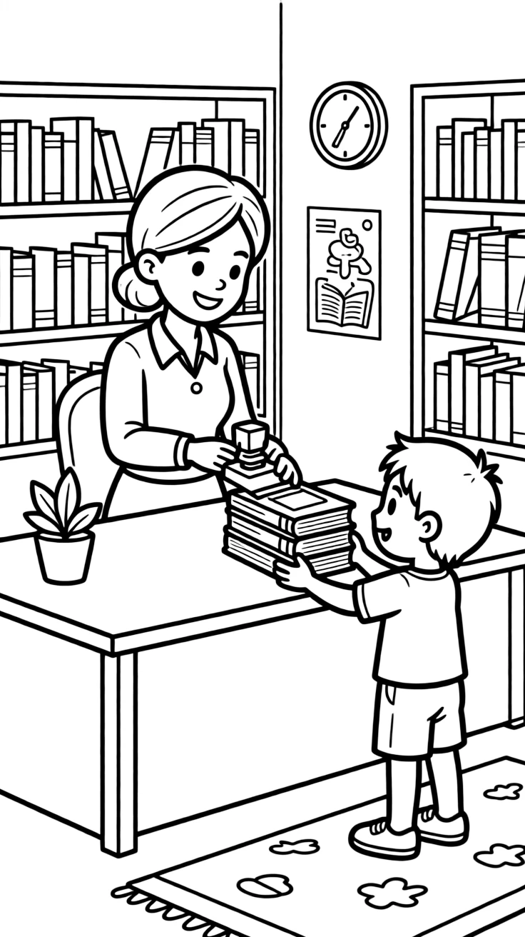 A librarian stamps a due date card and hands a stack of books to a young reader.